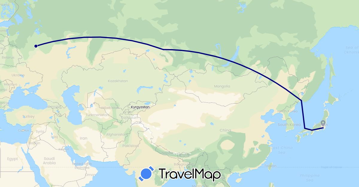 TravelMap itinerary: driving in Japan, Russia (Asia, Europe)